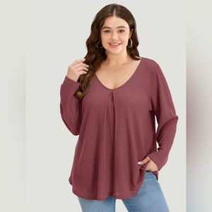 BloomChic Color Russet Plain Waffle Knit Scoop Neck Plicated Detail T-Shirt